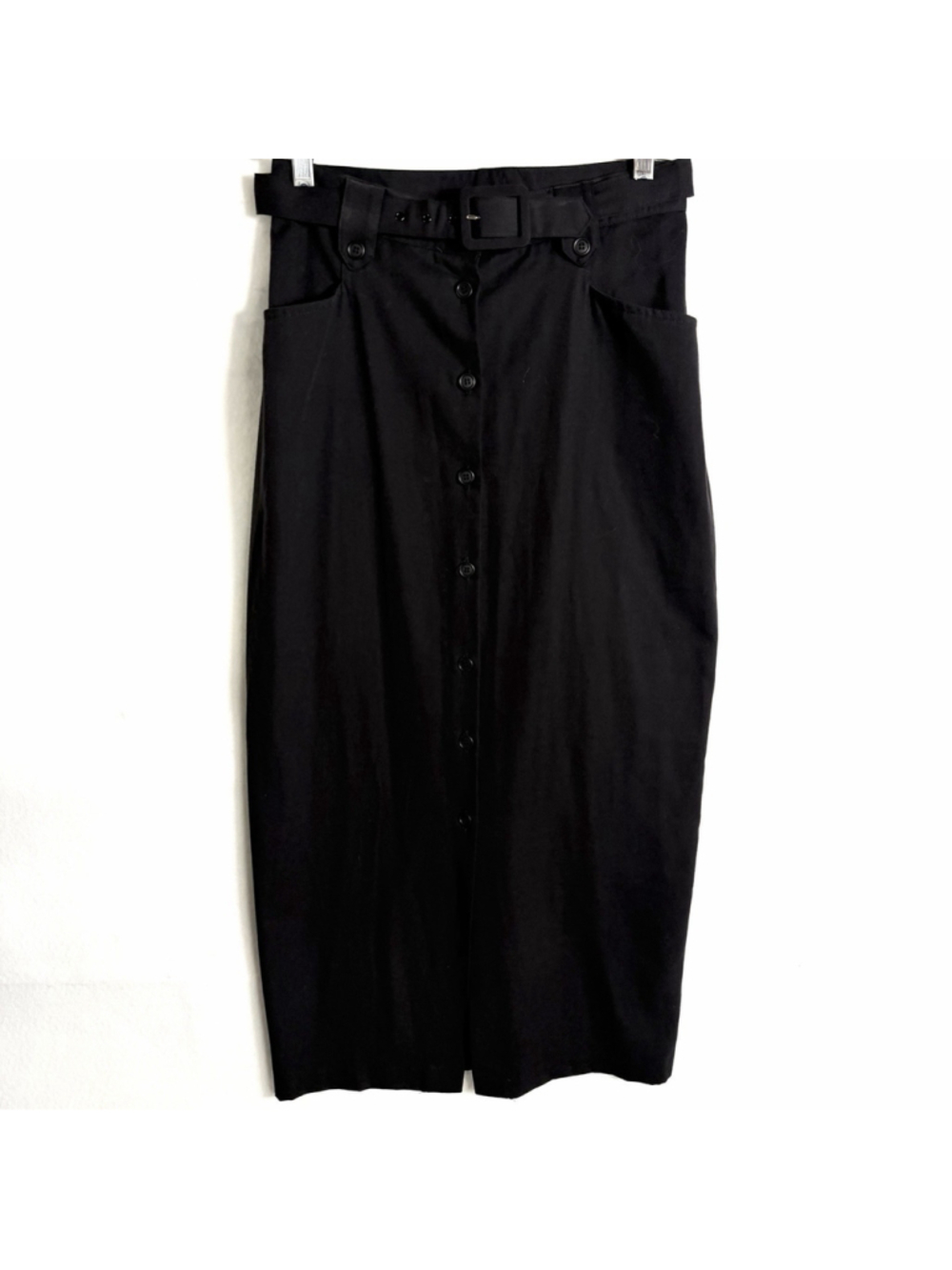 Vintage 80s High Waisted Black Satin Pencil Skirt USA Made Pleated Front Size 10
